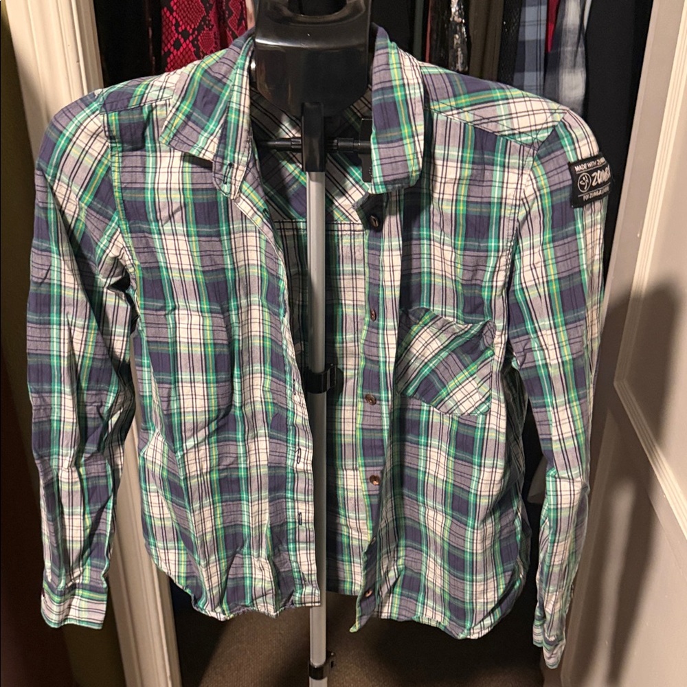 Zumba Fitness Blue and Green Plaid Button Down Shirt